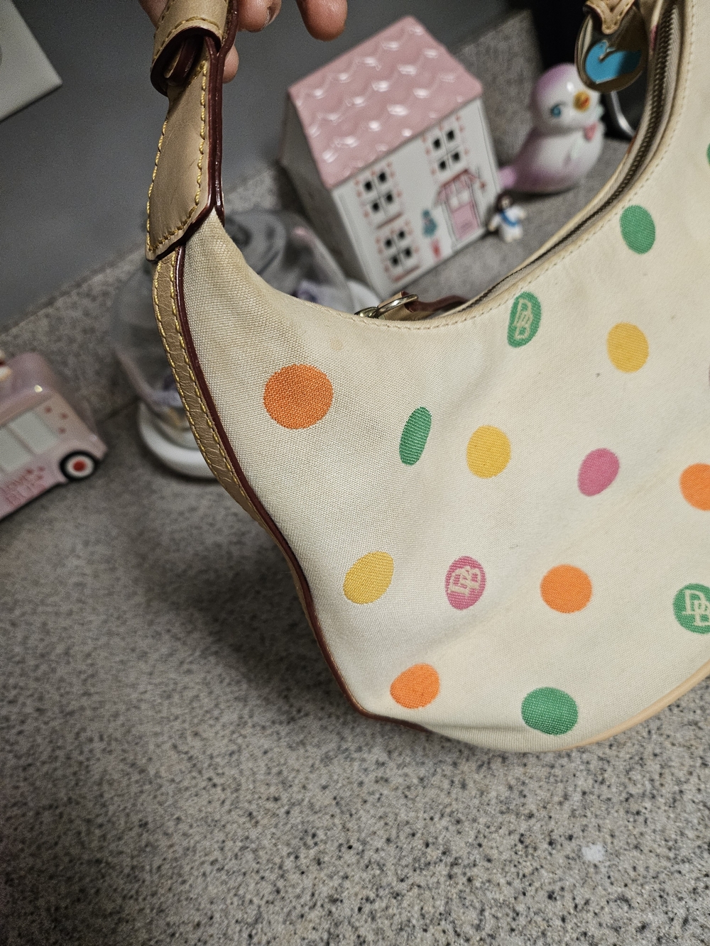 Dooney & Bourke Cream Shoulder Bag with Multicolor Polka Dots - Picture 9 of 16